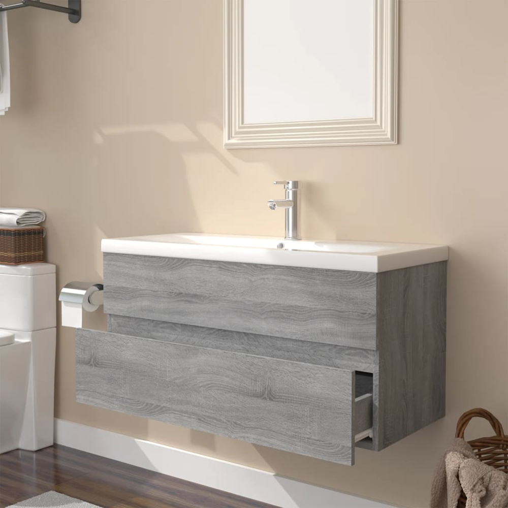 vidaXL Single Drawer Grey Sonoma Wall Mounted Sink Cabinet with Basin Image 5