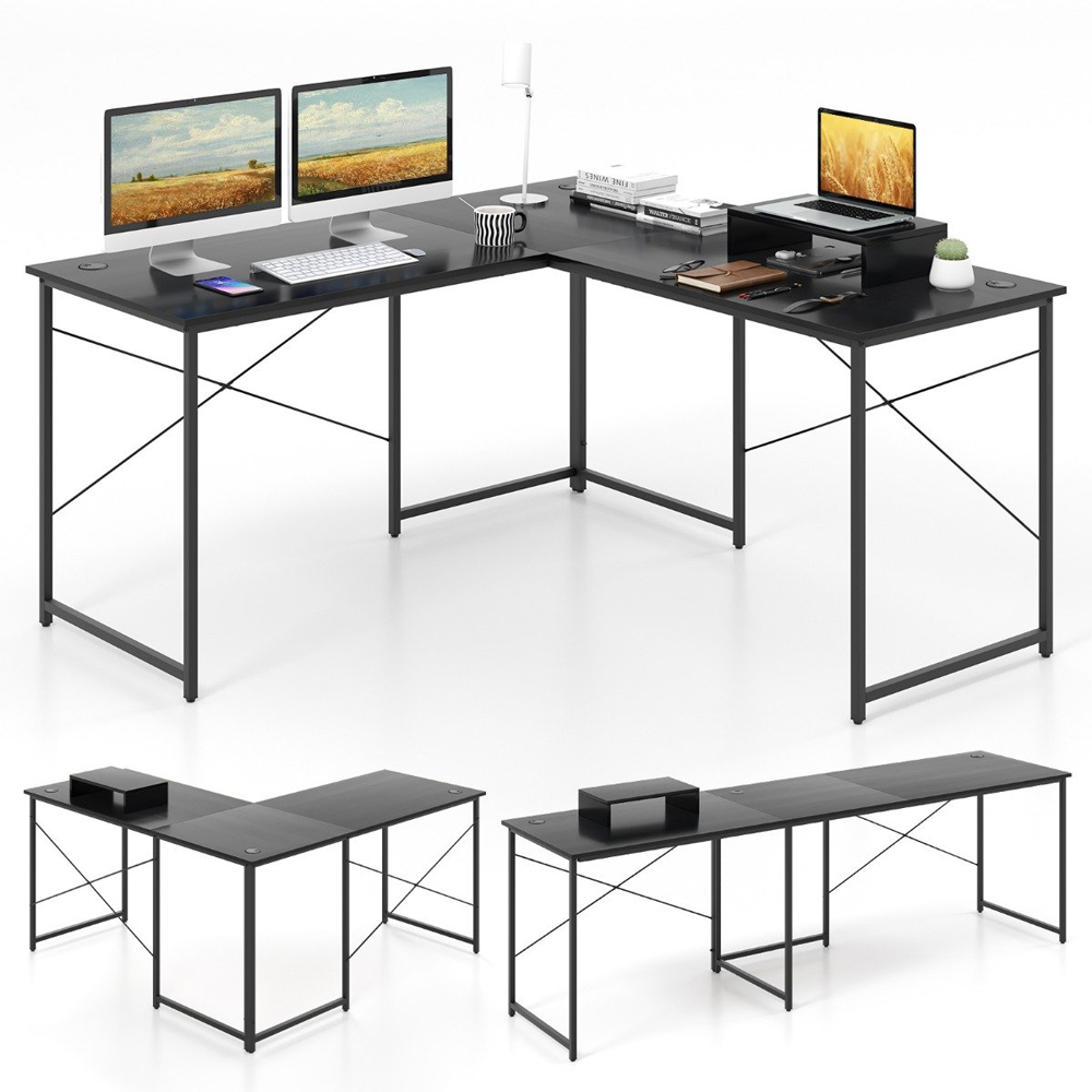 Costway Black Reversible Corner Study Workstation with Monitor Stand Image 2