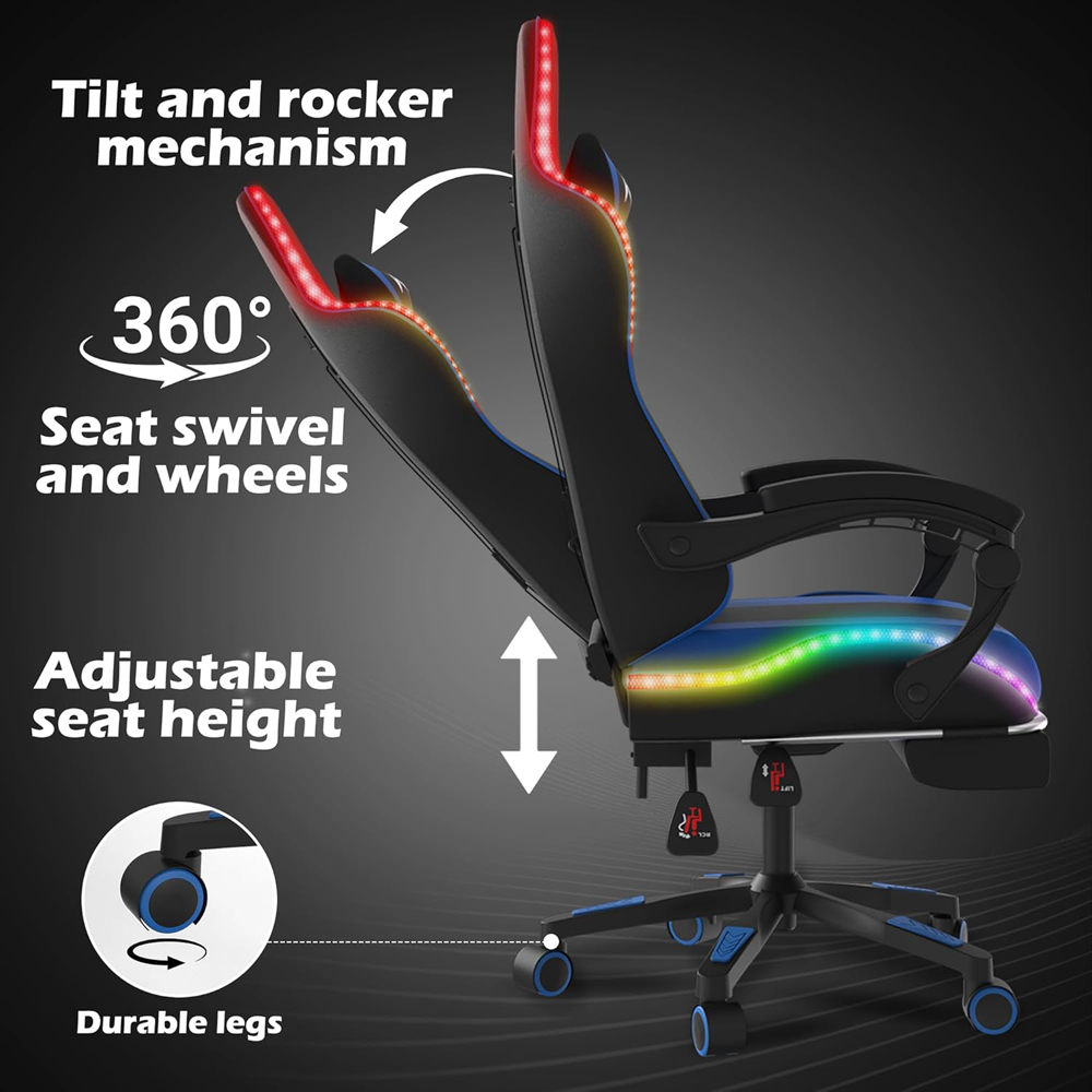 Alivio Blue PU Leather Wireless App Control LED Gaming Chair with Massage Lumbar Cushion Image 6