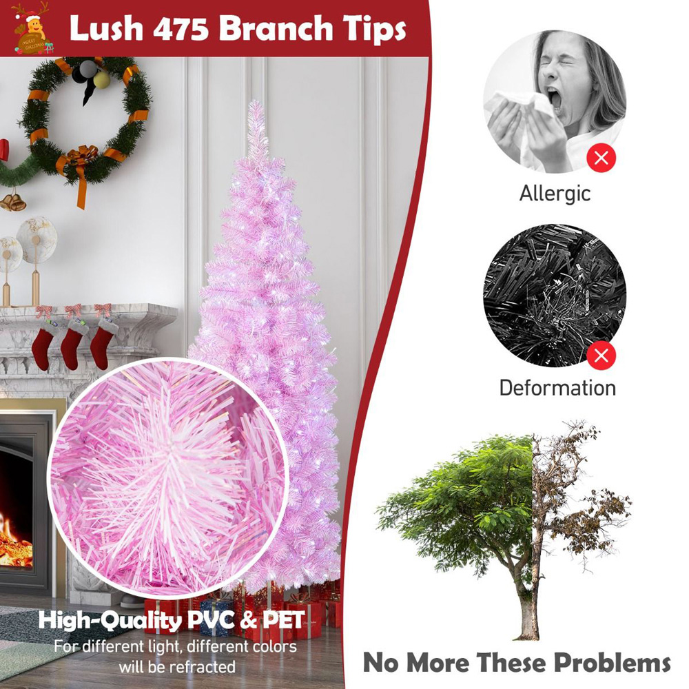 Costway Pre Lit White LED Pink Slim Artificial Christmas Tree 6ft Image 7