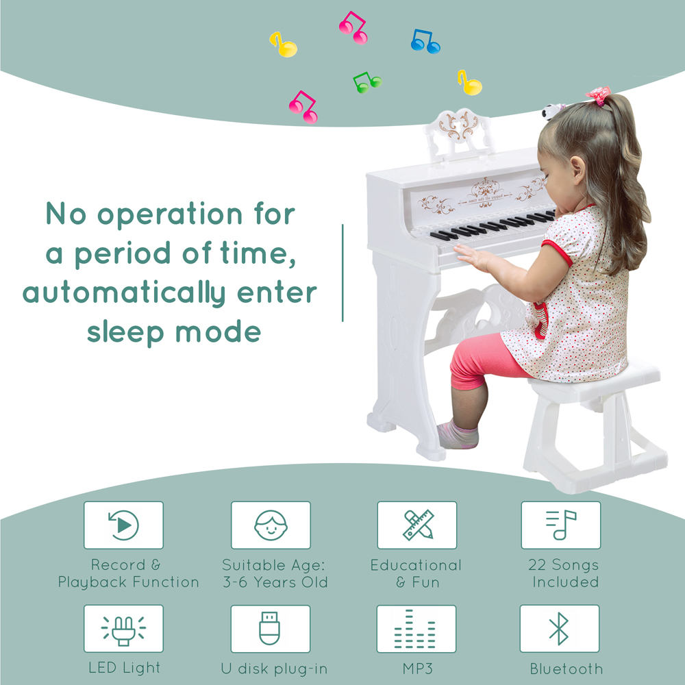 Tommy Toys White Kids 37 Key Piano Keyboard with Microphone and Stool Image 5