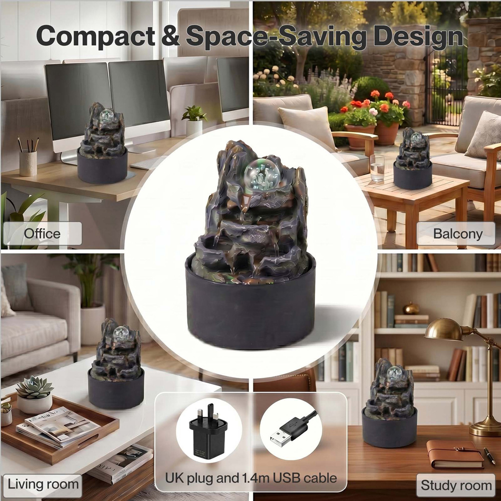 Spector Grey Resin Indoor Water Fountain with Rotating Glass Ball and LED Light Image 3