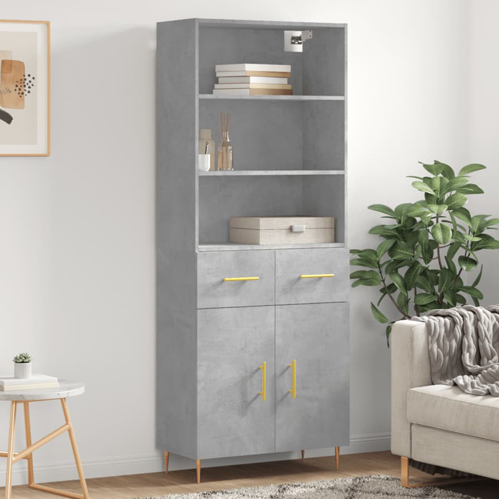 vidaXL 2 Door 2 Drawer 3 Shelf Concrete Grey Highboard with Gold Handle Image 1
