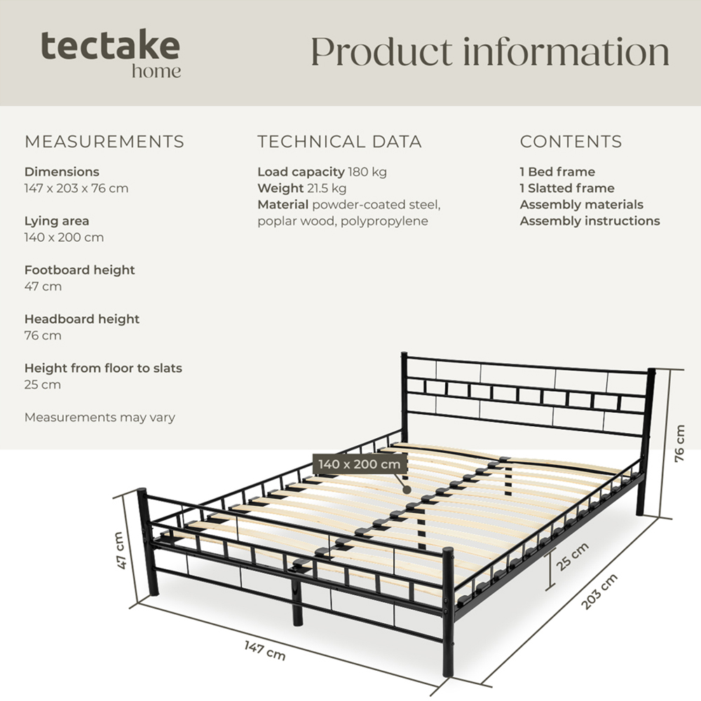 tectake Double Black Metal Bed Frame with Slatted Base Image 8
