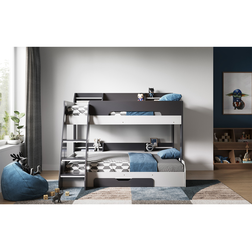 Flair Flick Triple Sleeper Grey Single Drawer Wooden Bunk Bed with Shelves Image 2