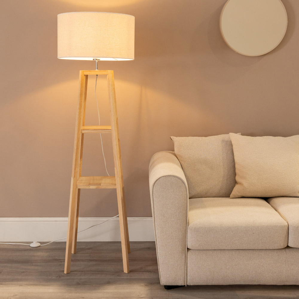 ValueLights Wakefield 2 Shelf White Edge Drum Shade Wooden LED Floor Lamp Image 2