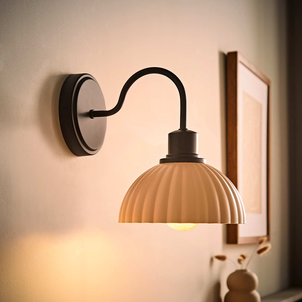 ValueLights Bourton Cream Ribbed Dome Shade Matte Black Wall Light with Bulb Image 6