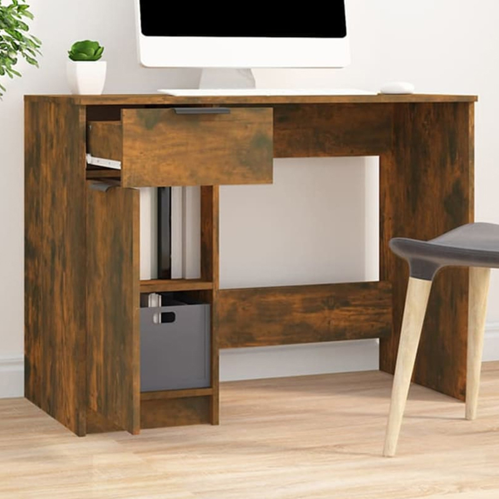 vidaXL Single Door Single Drawer Computer Desk Smoked Oak Image 1