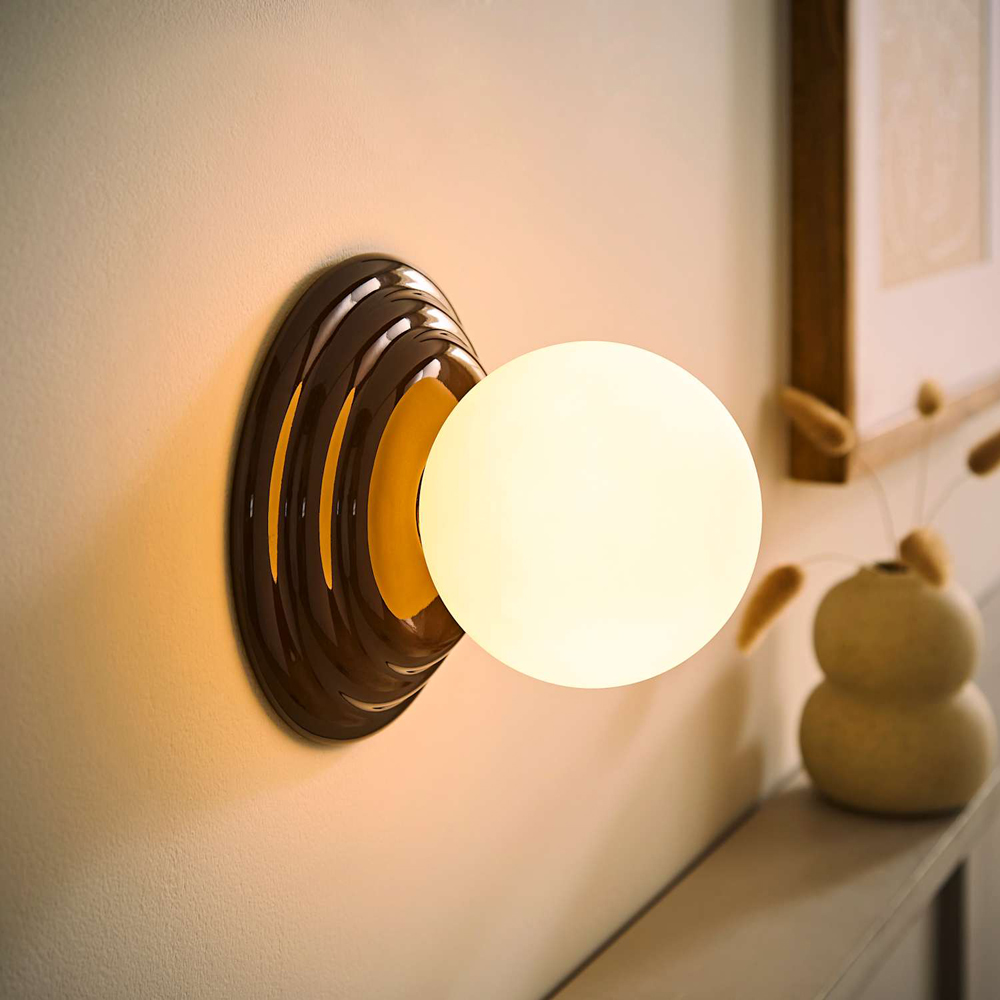 ValueLights Rue Frosted Glass Shade Chocolate Ribbed Ceramic Base Flush Wall Light with Bulb Image 2