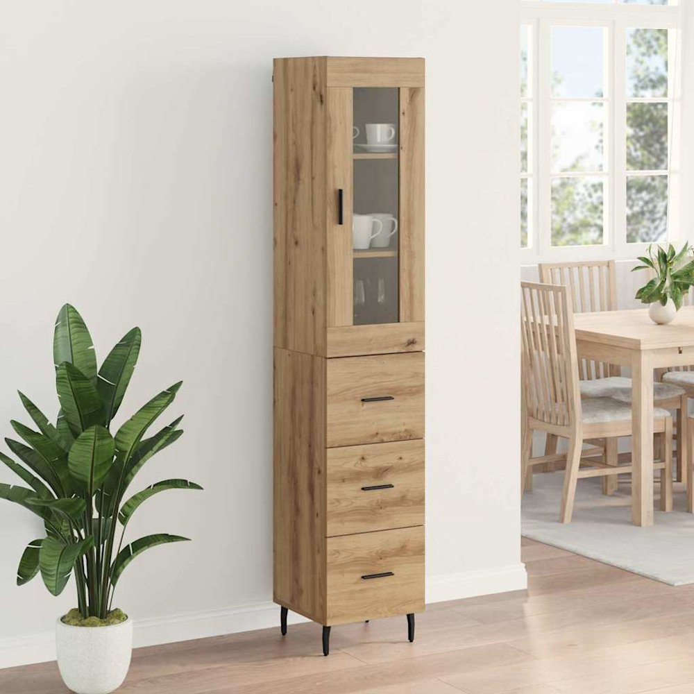 vidaXL Single Glass Door 3 Drawer Artisan Oak Slim Sideboard with Metal Legs Image 4