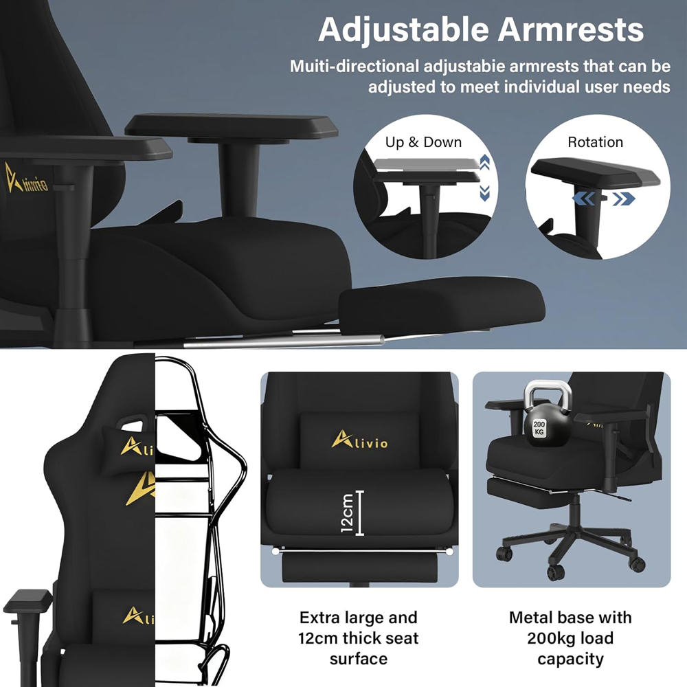 Alivio Black Velvet Reclining Gaming Chair with Lumbar and Headrest Support Image 7
