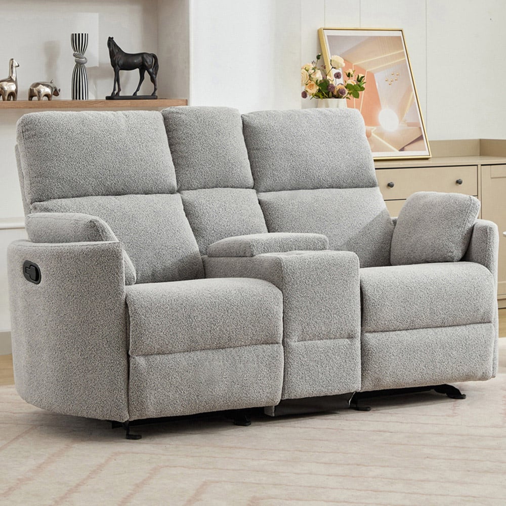 Artemis Home Powell 2 Seater Light Grey Boucle Rocker Manual Recliner Sofa with Centre Console Image 1