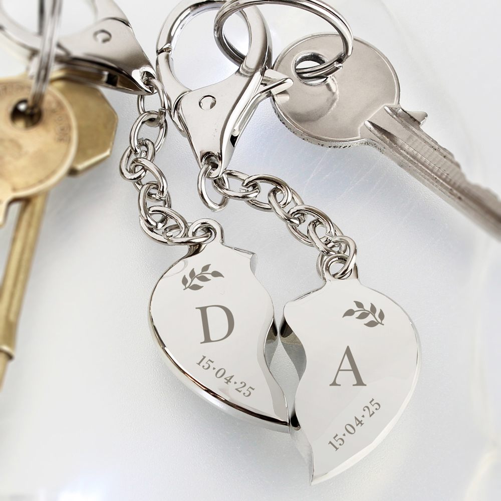 Personalised Memento Personalised Foliage 2 Hearts Keyring Image 2