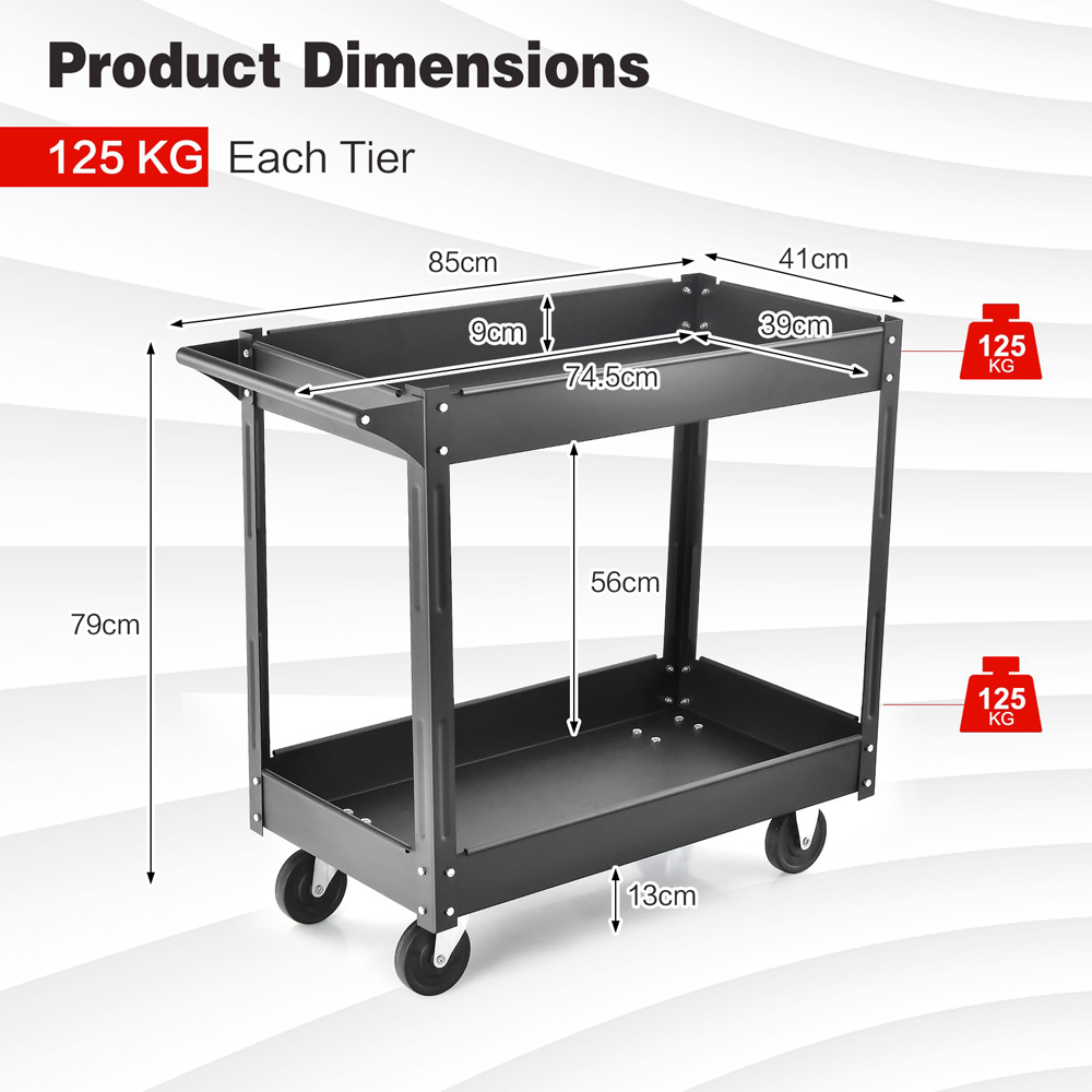 Costway 2 Shelf Black Tool Trolley with Wheels Image 8