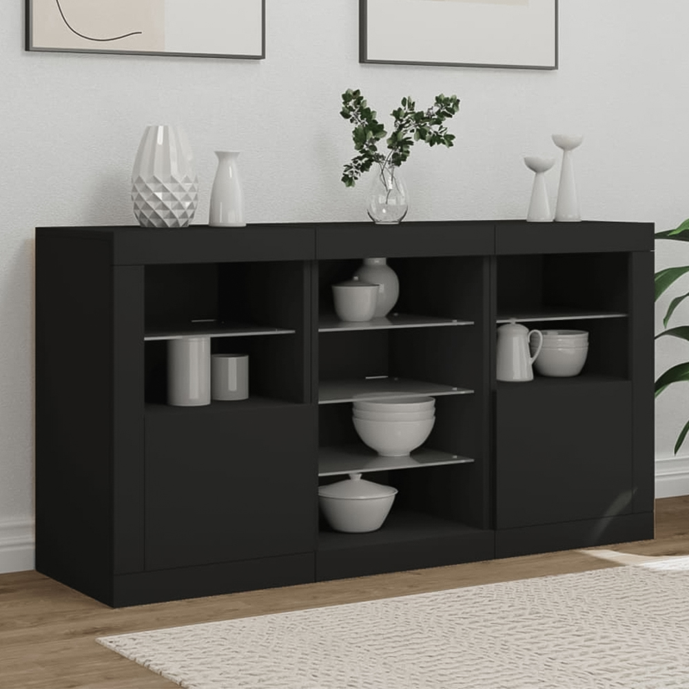 vidaXL 2 Door 8 Shelf Black Wooden Sideboard with LED Lights Image 1