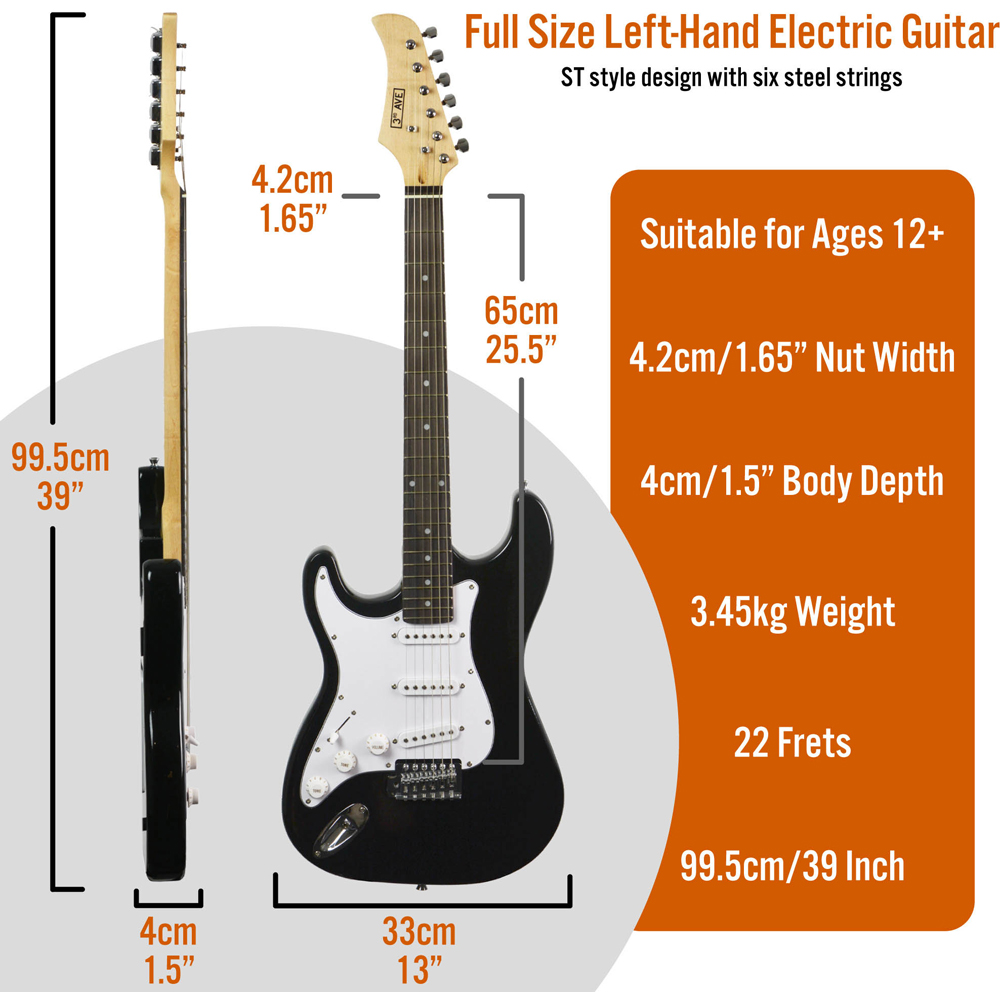 3rd Avenue Black Full Size Left Hand Electric Guitar Set Image 6