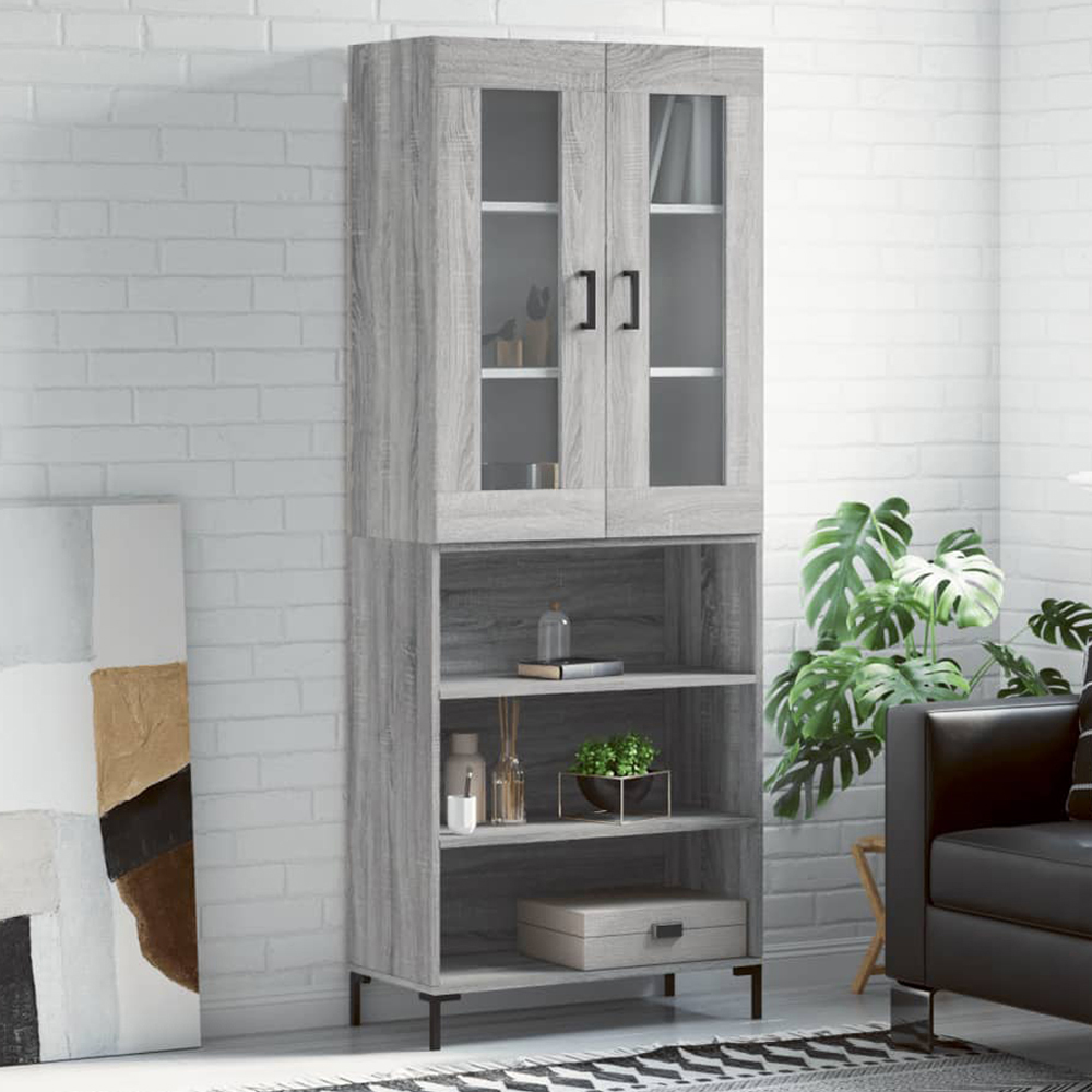 vidaXL 2 Glass Door 3 Shelf Grey Sonoma Highboard with Black Handle Image 1