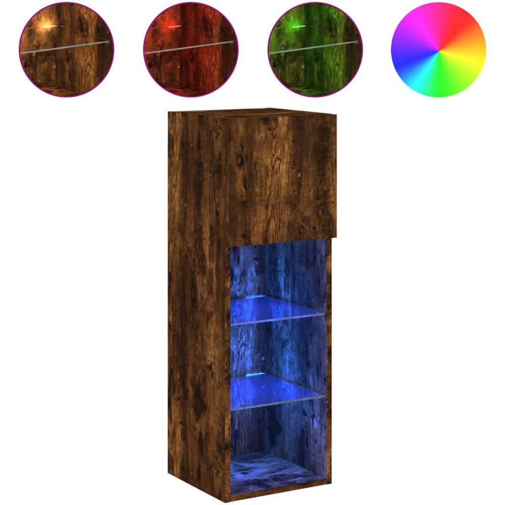 vidaXL Single Door 3 Shelf Smoked Oak Wooden TV Cabinet with LED Set of 2 Image 5