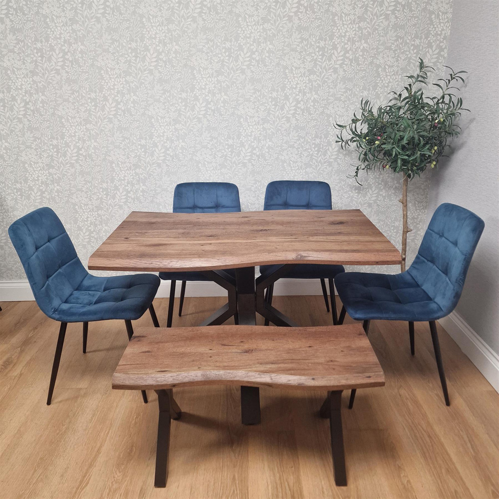 Kosy Koala 6 Seater Wooden Effect Velvet Dining Set with Bench Blue Image 1