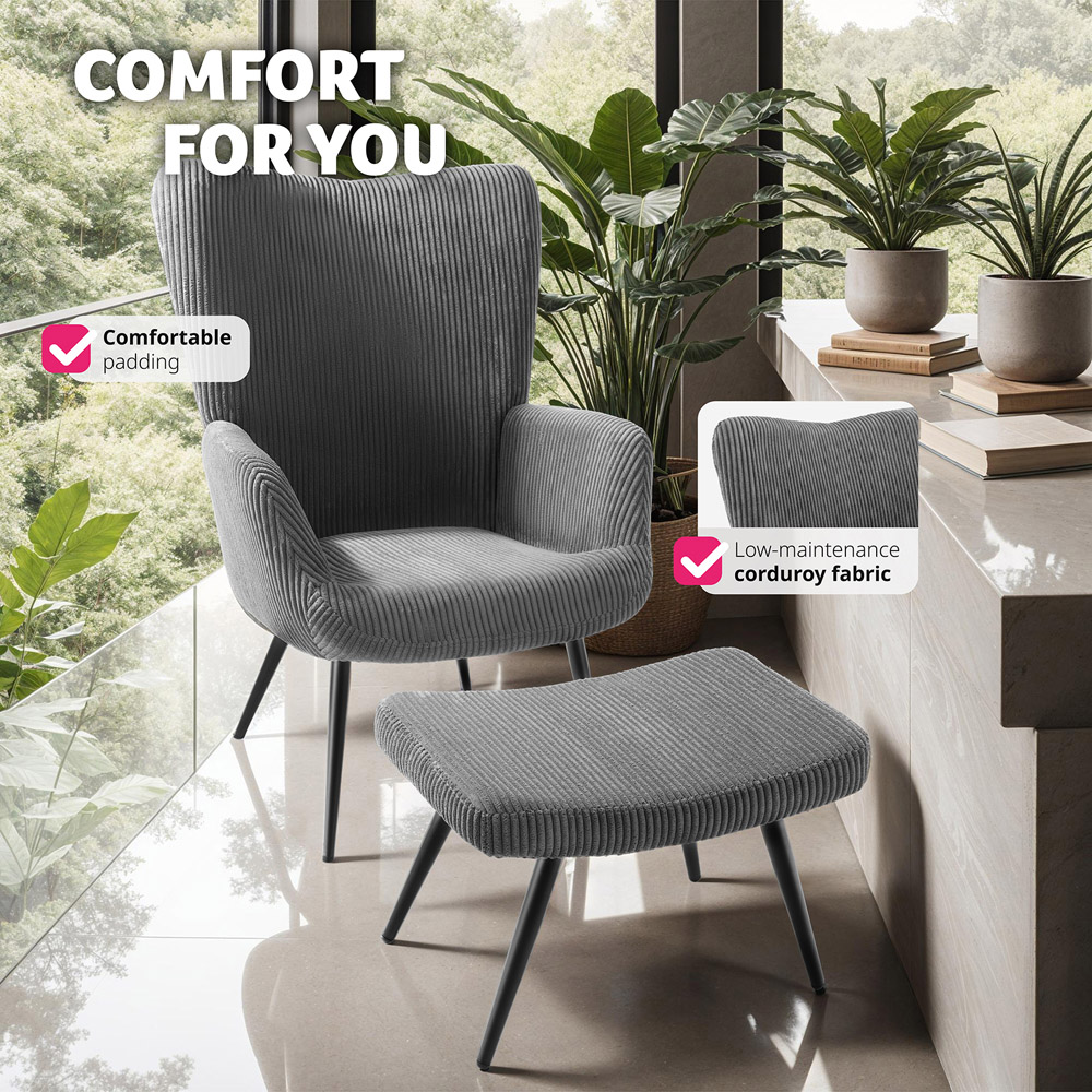 tectake Hygge Wide Corduroy Anthracite and Black Padded Armchair with Stool Image 6