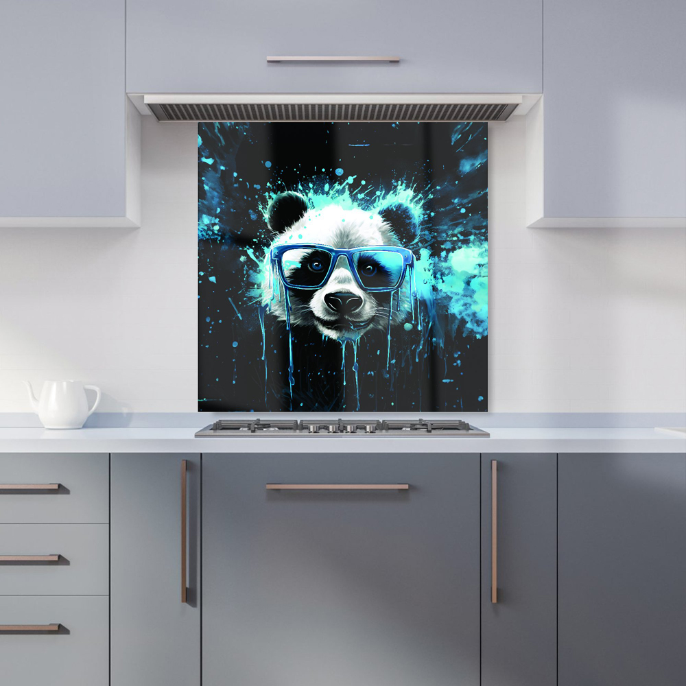 Warren Reed Designer Blue Splashart Panda Face Glass Kitchen Splashback 60 x 60cm Image 1