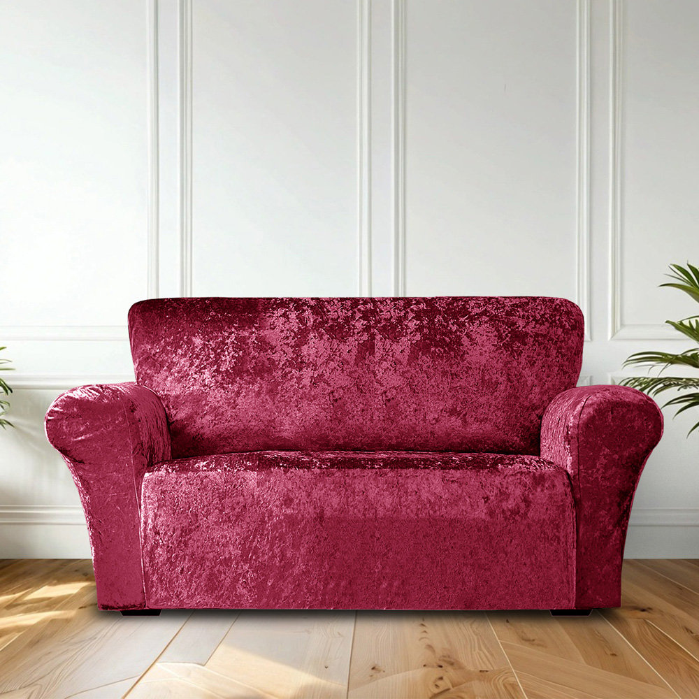 Homerepublic 2 Seater Wine Crushed Velvet Stretch Fit Sofa Cover Image 2