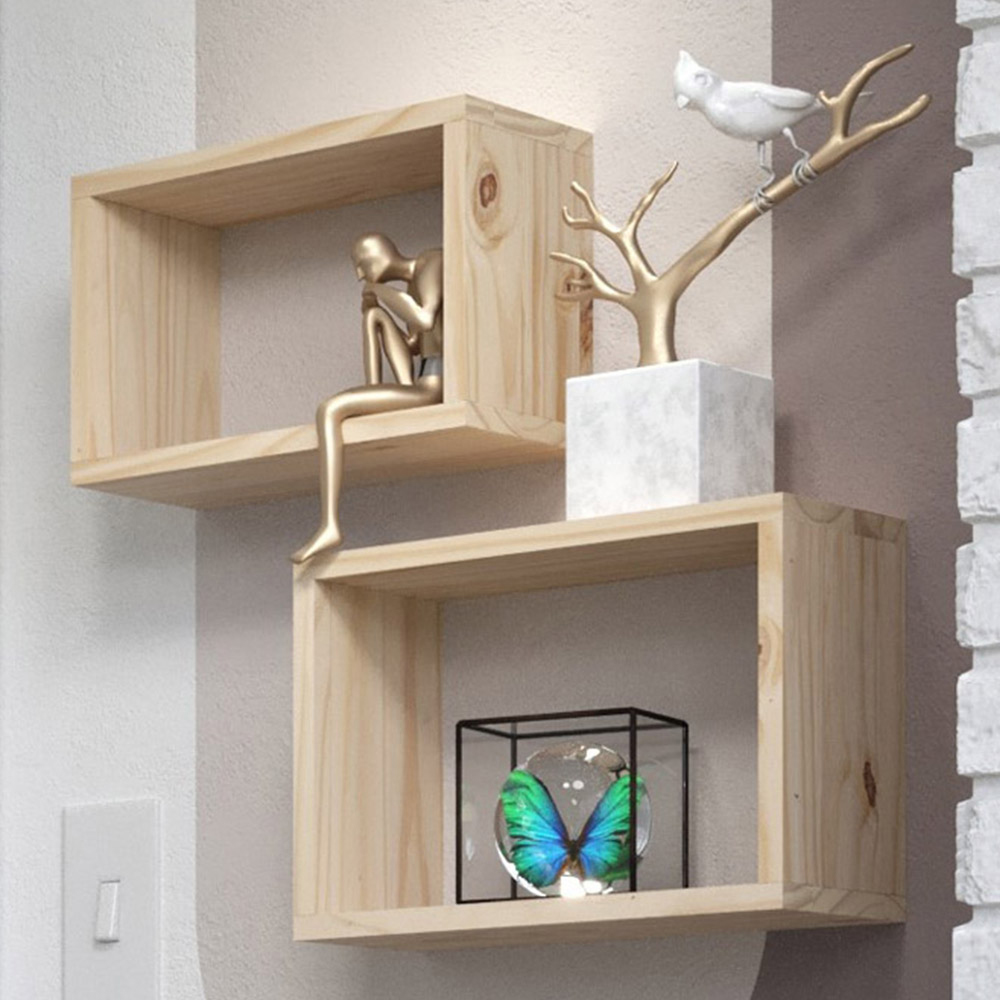 Core Products Set of 2 Natural Wood Wall Cube Box Shelf Image 1