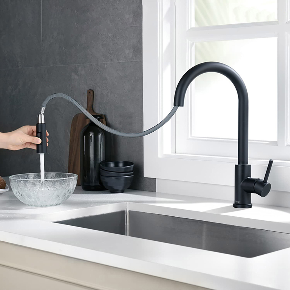Nes Home Aqua Matte Black Swivel Pull Out Kitchen Mixer Tap Image 3