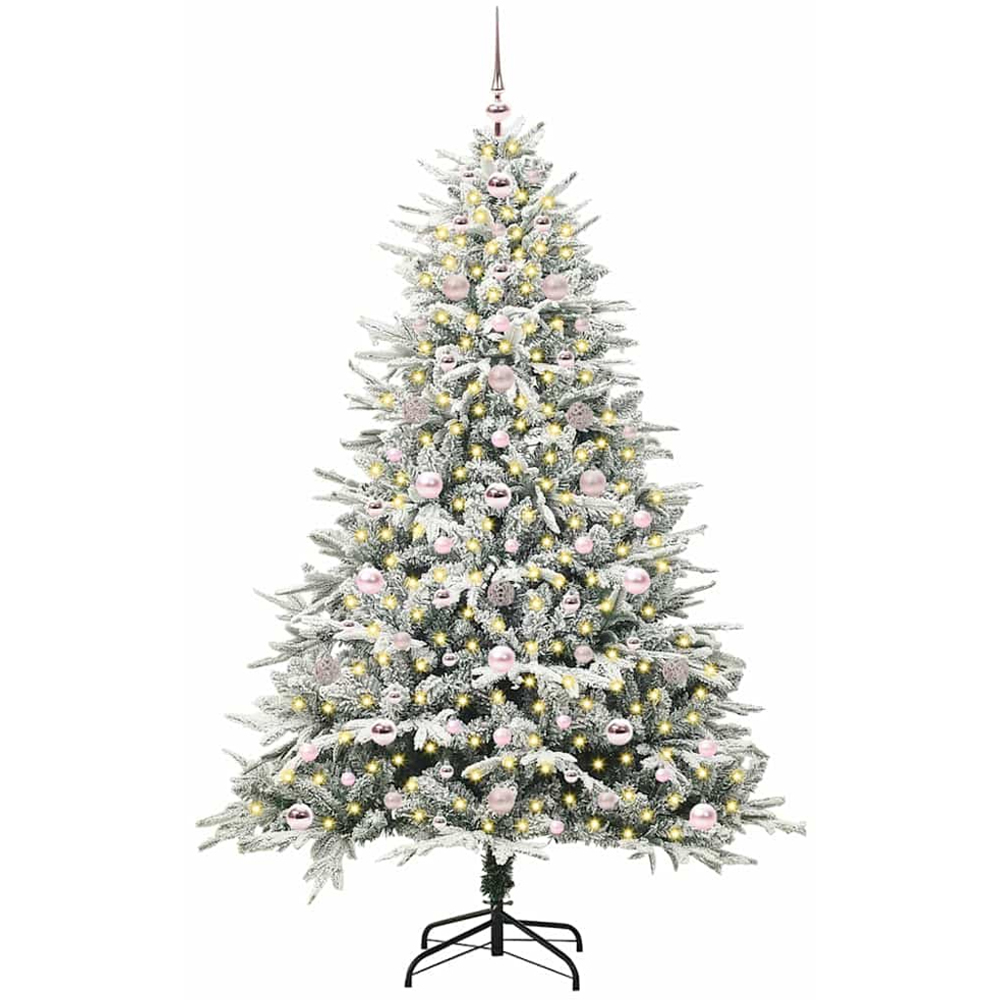 vidaXL 300 LED Pre-Lit Pink Baubles Green Artificial Snow Flocked Christmas Tree 6ft Image 1