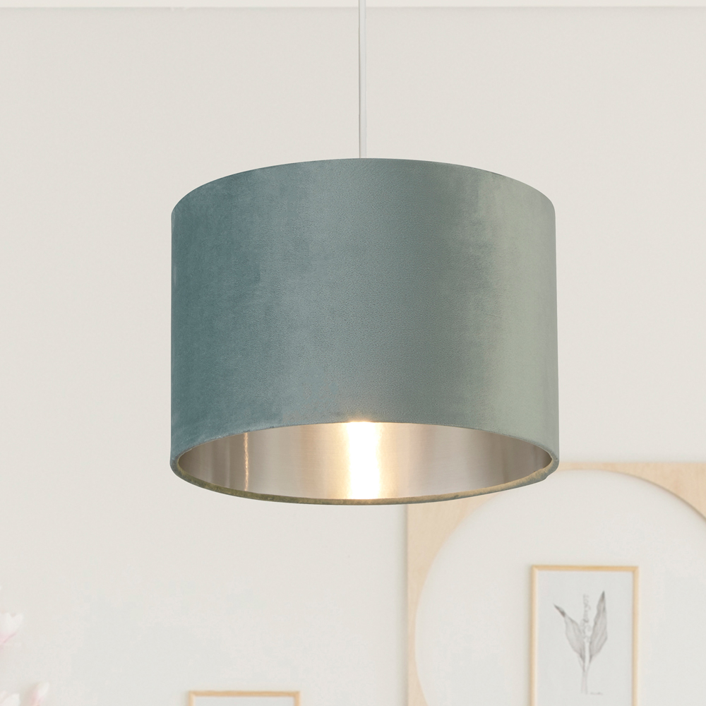 Lighting Collection Sage Green Silver Inner Velvet Drum Shade Image 2