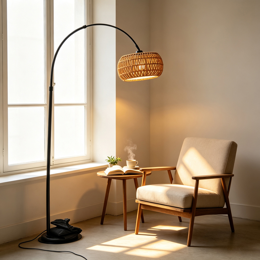 Living and Home Black Rattan Arc Floor Lamp with Remote Control Image 2