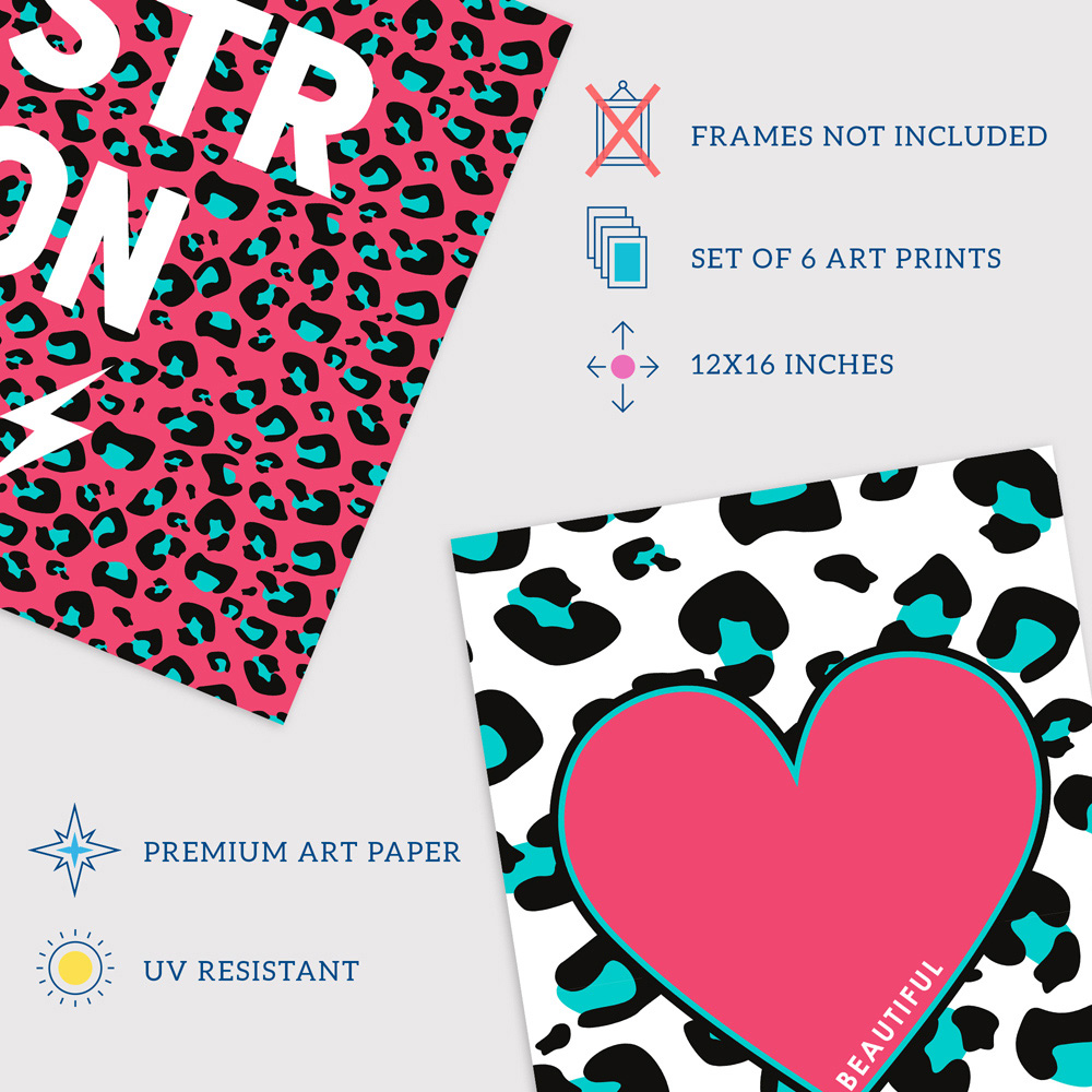 Wee Blue Coo Pink and Turquoise Leopard Pattern Bold Shapes Wall Art Print 30 x 41cm 6 Pack Image 4