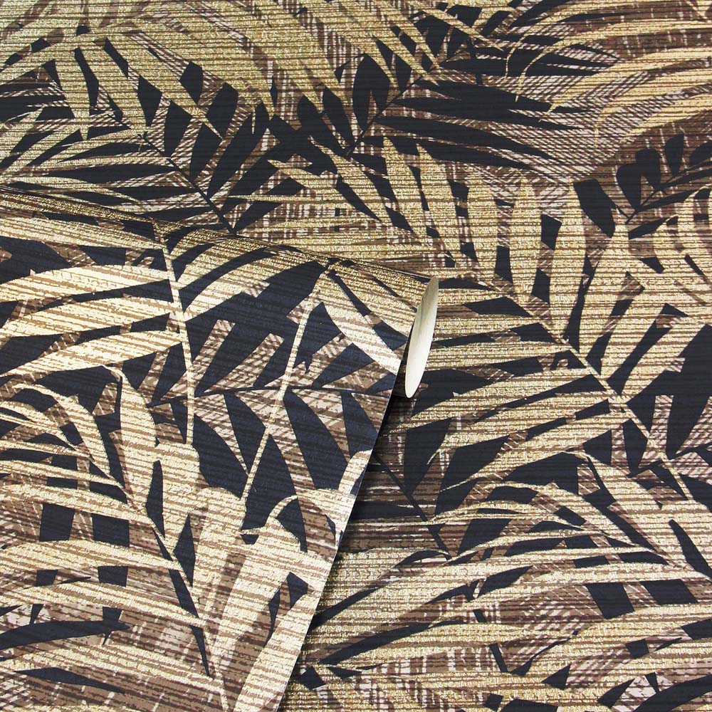 Arthouse Textured Palm Leaf Chocolate and Gold Wallpaper Image 2