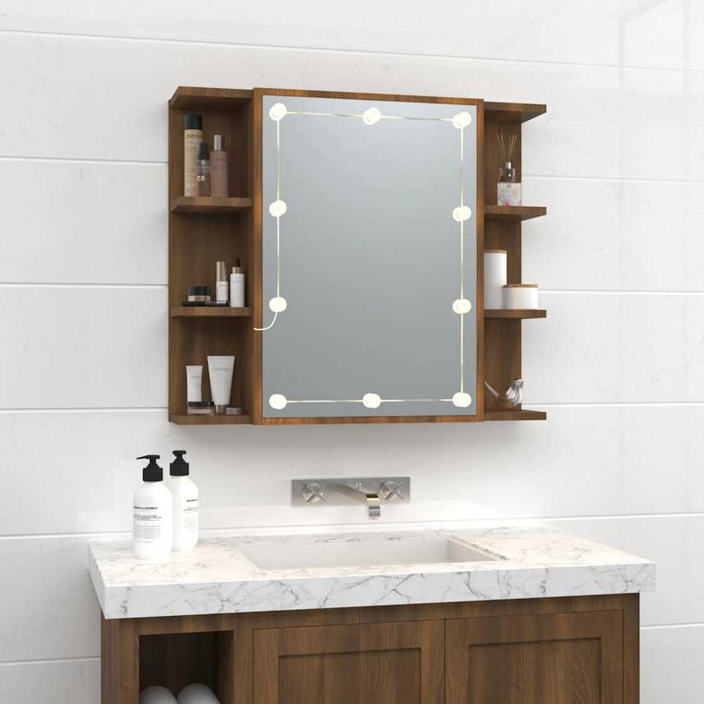 vidaXL Single Door 6 Open Shelf Brown Oak LED Mirror Bathroom Cabinet Image 7