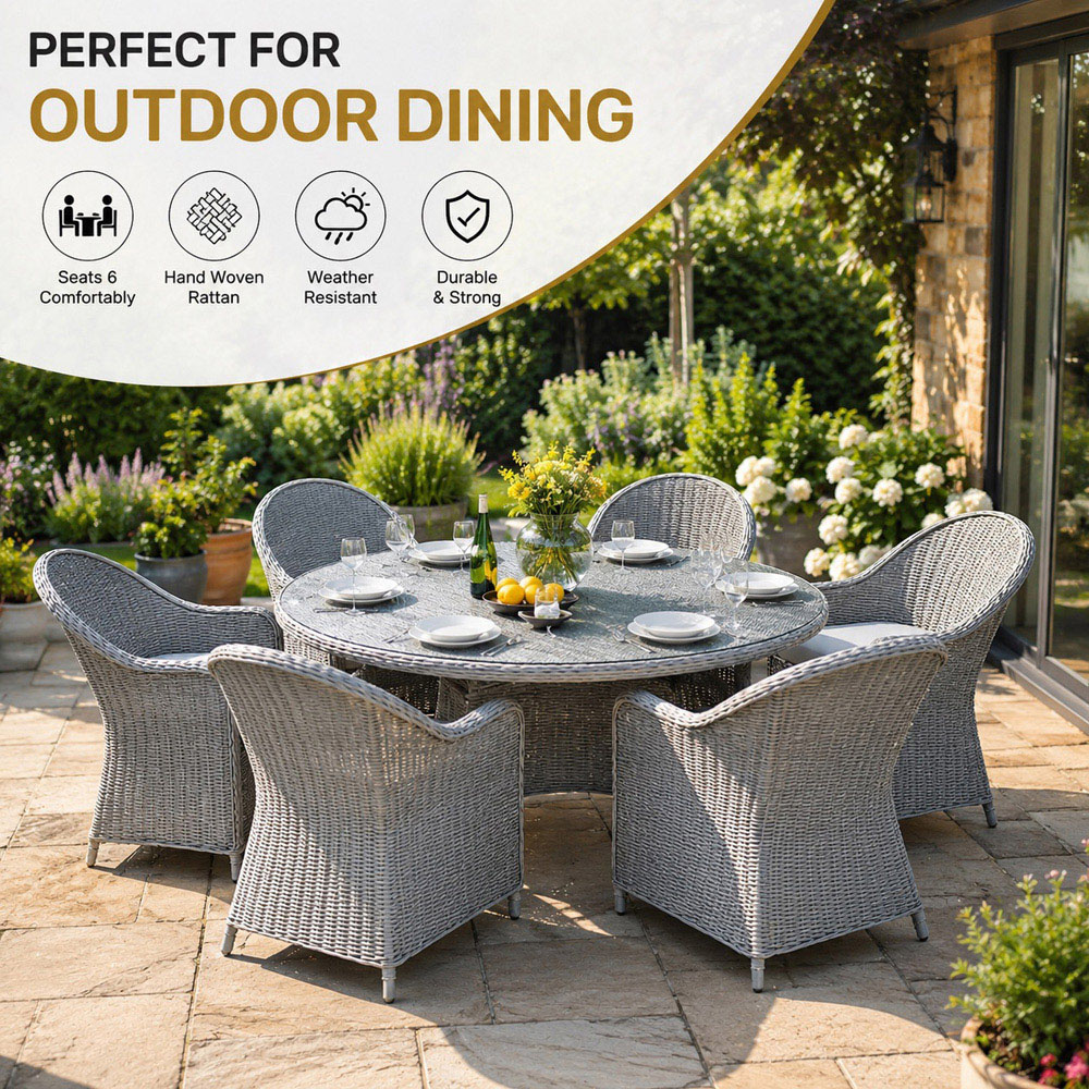 Shatchi Sorrento 6 Seater Rattan Aluminium Round Garden Dining Set Light Grey Image 2