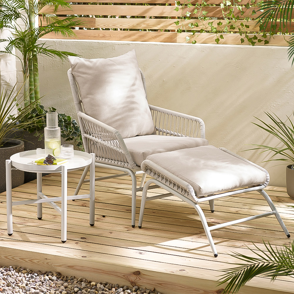 Furniturebox Agen Cream Metal Outdoor Chair with Footstool and Table Image 1