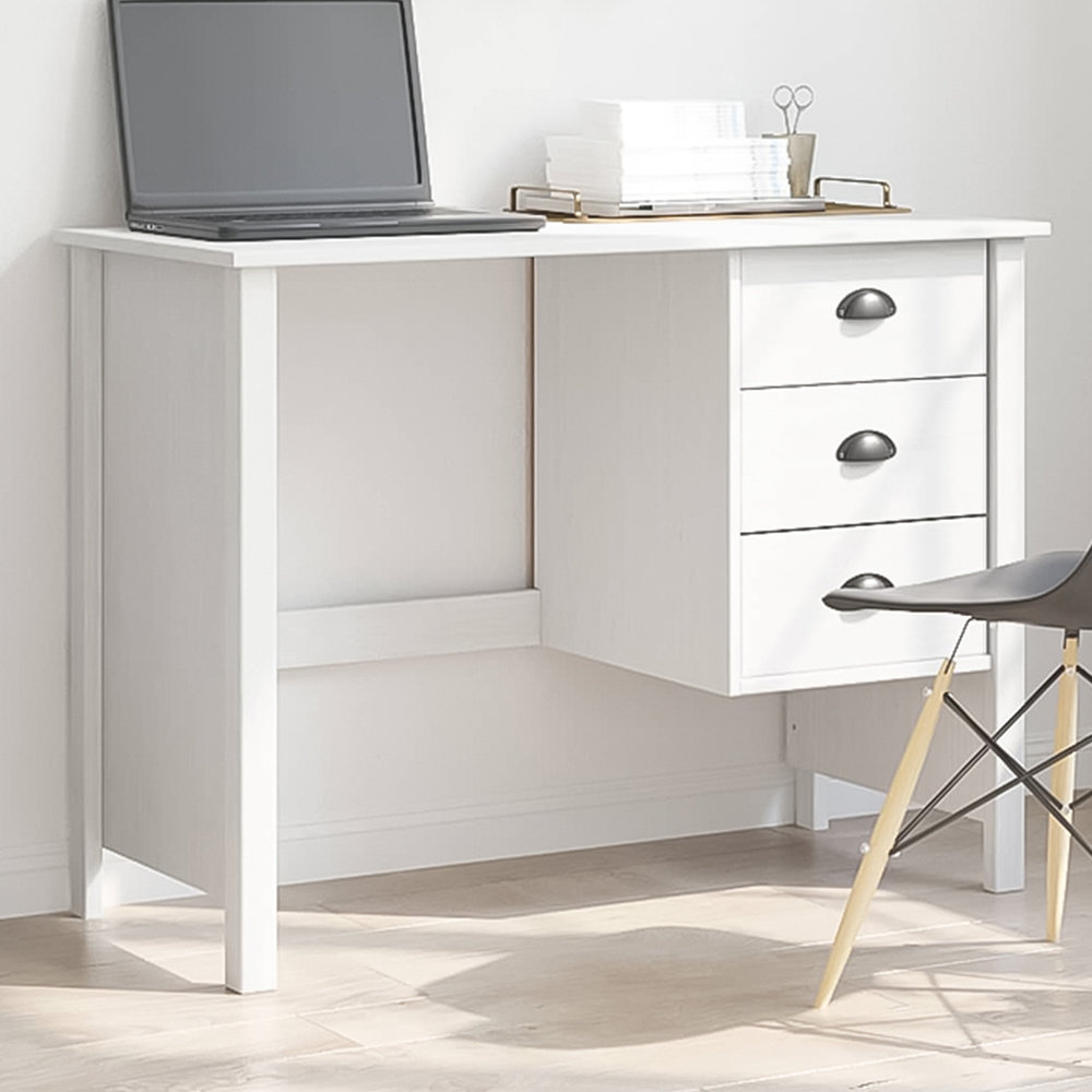 vidaXL Hill 3 Drawer Compact Pine Wood Home Desk White Image 1