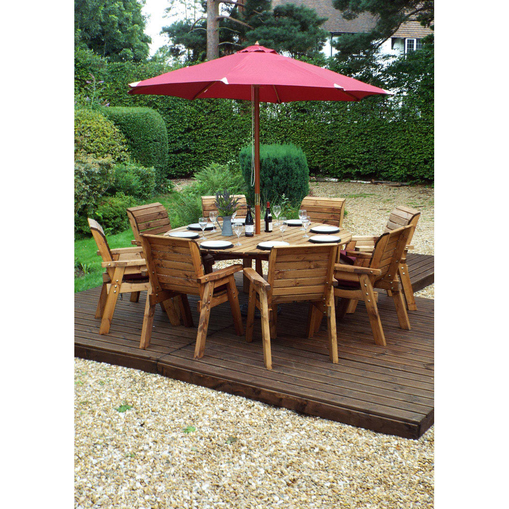 Charles Taylor Solid Wood 8 Seater Round Outdoor Dining Set with Red Cushions Image 8