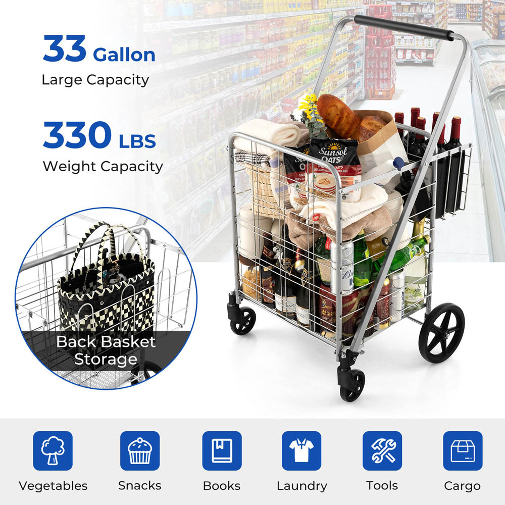 Costway White Folding Shopping Cart with Waterproof Liner Image 8