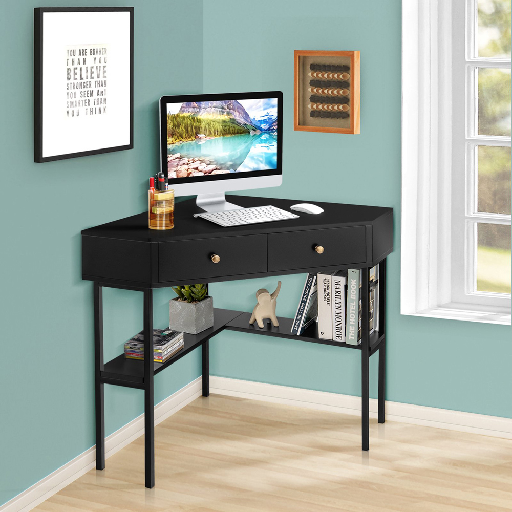 Costway 2 Drawer Single Shelf Triangular Corner Computer Desk Black Image 5