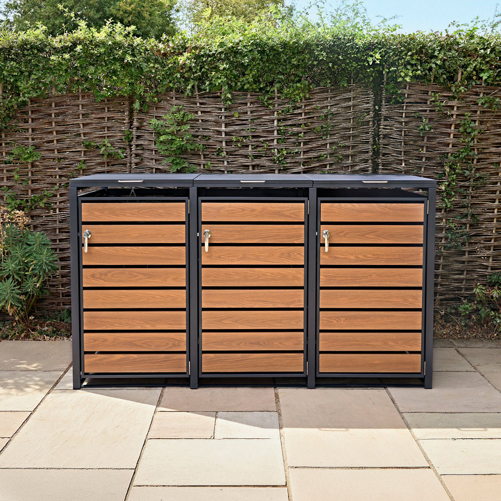 MonsterShop Anthracite and Wood Metal 3 Wheelie Bin Storage Shed Image 2