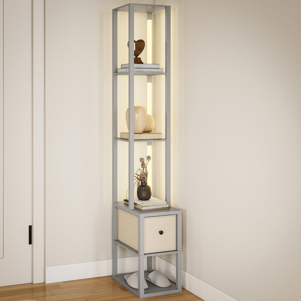 HOMCOM Single Drawer 4 Shelf Grey LED Floor Lamp Image 2