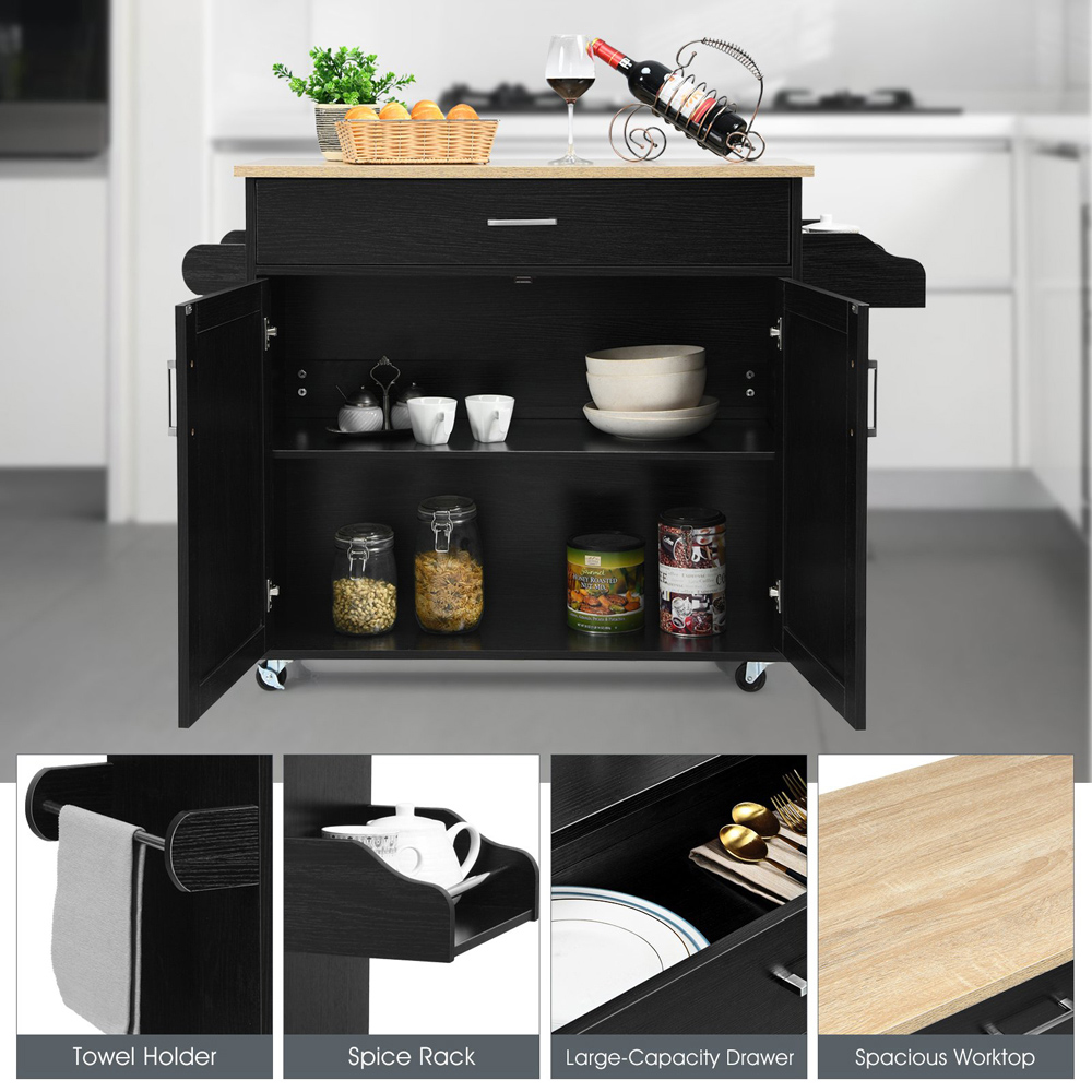 Costway 2 Door Single Drawer Black Kitchen Island Trolley Image 7