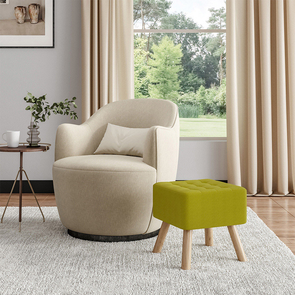 Living and Home Green Linen Buttoned Footstool with Wooden Legs Image 3