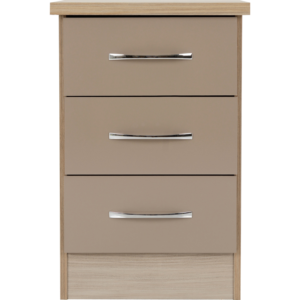 Seconique Nevada 3 Drawer Oyster Gloss and Light Oak Veneer Bedside Table Image 3