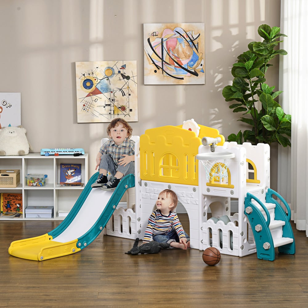 AIYAPLAY 7 in 1 Yellow Kids Slide with Basketball Hoop Image 2