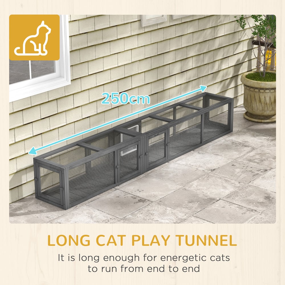 PawHut 250cm Extra Long 8 Door Wooden Cat Tunnel Image 7