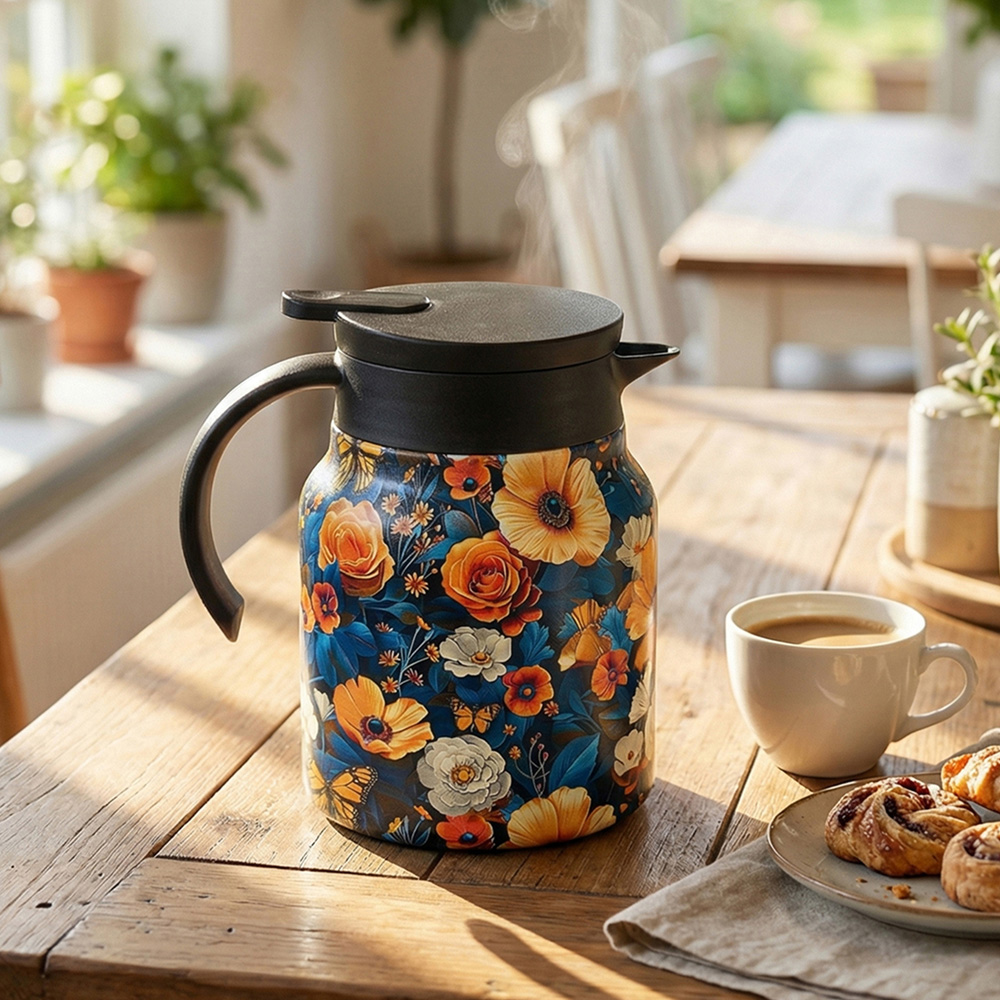 Living and Home Morris Style Vintage Floral Stainless Steel Thermal Teapot with Infuser 1L Image 2