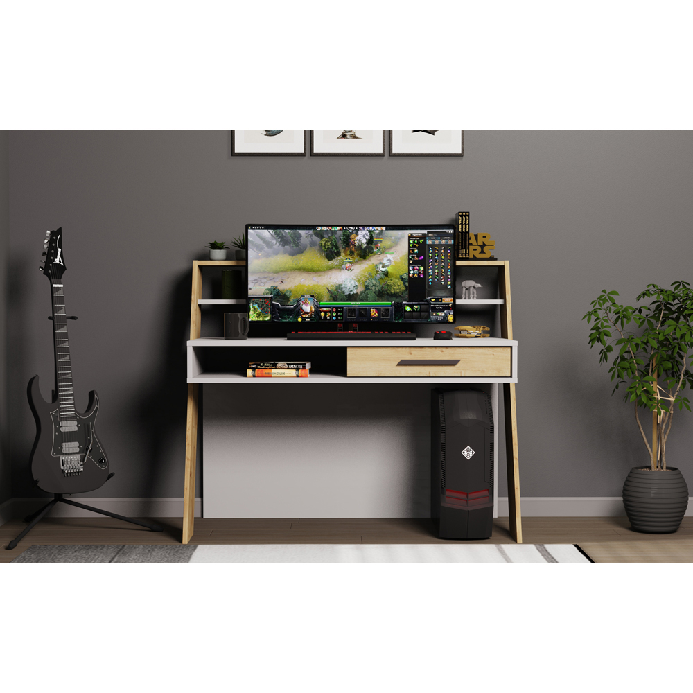 Decorotika Soho Single Drawer 5 Shelf Computer Desk White and Oak Image 4