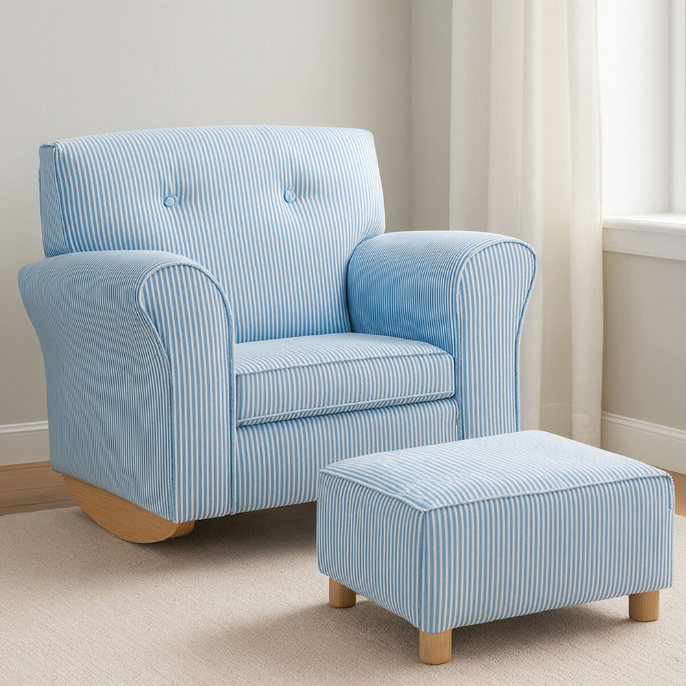 Premier Housewares Kids Blue and White Stripe Rocking Chair with Footstool Image 3